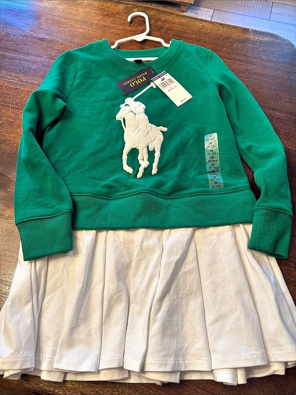 Polo Ralph Lauren Big Pony Fleece Sweatshirt Dress Green & White Medium NWT